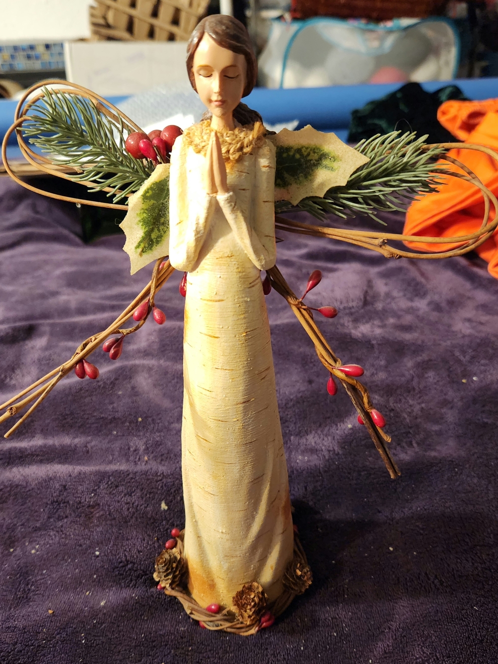 Praying Angel Holiday Figurine in Cream with Red Berry Accents